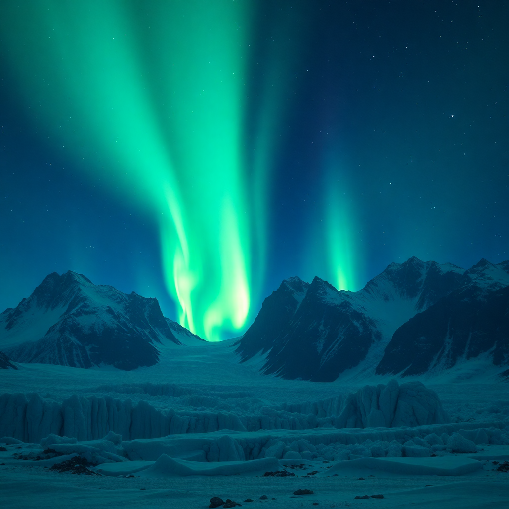 Nordlys over Grønlands dramatiske isbjerge og fjelde